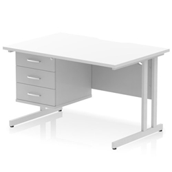 Impulse 1200 x 800mm Scalloped Edge Straight Office Desk White Top Silver Cantilever Leg Workstation 1 x 3 Drawer Fixed Pedestal