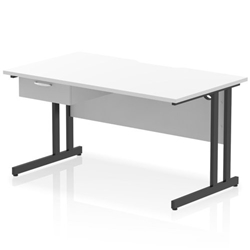 Impulse 1400 x 800mm Scalloped Edge Straight Office Desk White Top Black Cantilever Leg Workstation 1 x 1 Drawer Fixed Pedestal