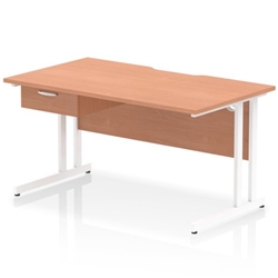 Impulse 1400 x 800mm Scalloped Edge Straight Office Desk Beech Top White Cantilever Leg Workstation 1 x 1 Drawer Fixed Pedestal