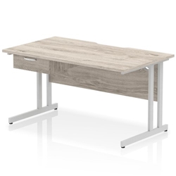 Impulse 1400 x 800mm Scalloped Edge Straight Office Desk Grey Oak Top Silver Cantilever Leg Workstation 1 x 1 Drawer Fixed Pedestal