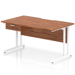 Impulse 1400 x 800mm Scalloped Edge Straight Office Desk Walnut Top White Cantilever Leg Workstation 1 x 1 Drawer Fixed Pedestal