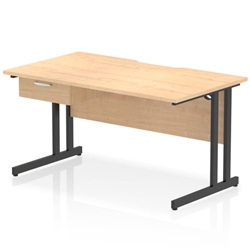 Impulse 1400 x 800mm Scalloped Edge Straight Office Desk Maple Top Black Cantilever Leg Workstation 1 x 1 Drawer Fixed Pedestal