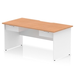 Impulse 1600 x 800mm Scalloped Edge Straight Office Desk Oak Top White Panel End Leg Workstation 2 x 1 Drawer Fixed Pedestal