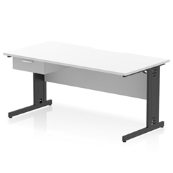 Impulse 1600 x 800mm Scalloped Edge Straight Office Desk White Top Black Cable Managed Leg Workstation 1 x 1 Drawer Fixed Pedestal