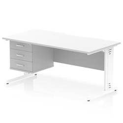 Impulse 1600 x 800mm Scalloped Edge Straight Office Desk White Top White Cable Managed Leg Workstation 1 x 3 Drawer Fixed Pedestal