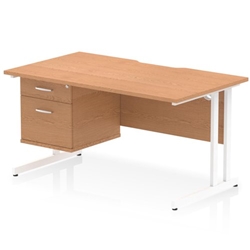 Impulse 1400 x 800mm Scalloped Edge Straight Office Desk Oak Top White Cantilever Leg Workstation 1 x 2 Drawer Fixed Pedestal