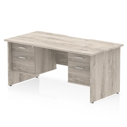 Impulse 1600 x 800mm Scalloped Edge Straight Office Desk Grey Oak Top Panel End Leg Workstation 2 x 2 Drawer Fixed Pedestal