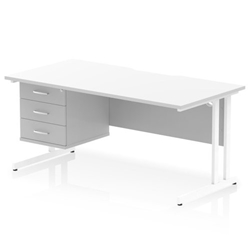 Impulse 1600 x 800mm Scalloped Edge Straight Office Desk White Top White Cantilever Leg Workstation 1 x 3 Drawer Fixed Pedestal