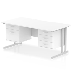 Impulse 1600 x 800mm Scalloped Edge Straight Office Desk White Top Silver Cantilever Leg Workstation 1 x 2 Drawer 1 x 3 Drawer Fixed Pedestal