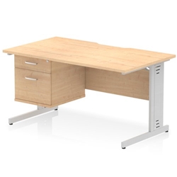 Impulse 1400 x 800mm Scalloped Edge Straight Office Desk Maple Top Silver Cable Managed Leg Workstation 1 x 2 Drawer Fixed Pedestal