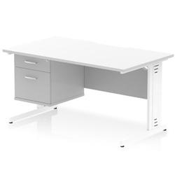 Impulse 1400 x 800mm Scalloped Edge Straight Office Desk White Top White Cable Managed Leg Workstation 1 x 2 Drawer Fixed Pedestal