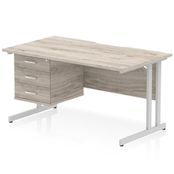 Impulse 1400 x 800mm Scalloped Edge Straight Office Desk Grey Oak Top Silver Cantilever Leg Workstation 1 x 3 Drawer Fixed Pedestal