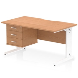 Impulse 1400 x 800mm Scalloped Edge Straight Office Desk Oak Top White Cable Managed Leg Workstation 1 x 3 Drawer Fixed Pedestal