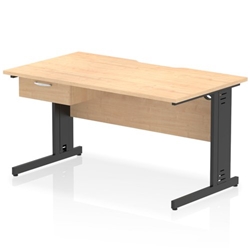 Impulse 1400 x 800mm Scalloped Edge Straight Office Desk Maple Top Black Cable Managed Leg Workstation 1 x 1 Drawer Fixed Pedestal