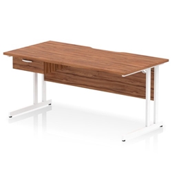 Impulse 1600 x 800mm Scalloped Edge Straight Office Desk Walnut Top White Cantilever Leg Workstation 1 x 1 Drawer Fixed Pedestal