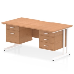 Impulse 1600 x 800mm Scalloped Edge Straight Office Desk Oak Top White Cantilever Leg Workstation 1 x 2 Drawer 1 x 3 Drawer Fixed Pedestal