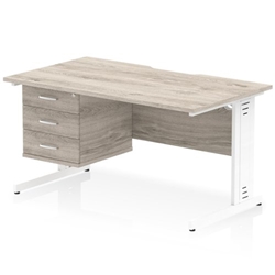 Impulse 1400 x 800mm Scalloped Edge Straight Office Desk Grey Oak Top White Cable Managed Leg Workstation 1 x 3 Drawer Fixed Pedestal