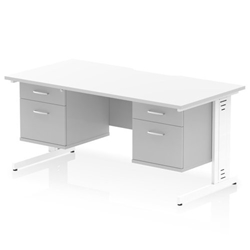 Impulse 1600 x 800mm Scalloped Edge Straight Office Desk White Top White Cable Managed Leg Workstation 2 x 2 Drawer Fixed Pedestal