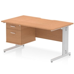 Impulse 1400 x 800mm Scalloped Edge Straight Office Desk Oak Top Silver Cable Managed Leg Workstation 1 x 2 Drawer Fixed Pedestal