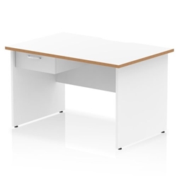 Oslo 1200 x 800mm Scalloped Edge Straight Office Desk White Top Natural Wood Edge White Panel End Leg Workstation 1 x 1 Drawer Fixed Pedestal