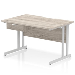 Impulse 1200 x 800mm Scalloped Edge Straight Office Desk Grey Oak Top Silver Cantilever Leg Workstation 1 x 1 Drawer Fixed Pedestal