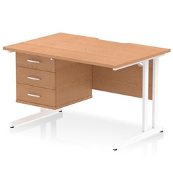Impulse 1200 x 800mm Scalloped Edge Straight Office Desk Oak Top White Cantilever Leg Workstation 1 x 3 Drawer Fixed Pedestal