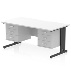 Impulse 1600 x 800mm Scalloped Edge Straight Office Desk White Top Black Cable Managed Leg Workstation 2 x 3 Drawer Fixed Pedestal