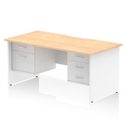 Impulse 1600 x 800mm Scalloped Edge Straight Office Desk Maple Top White Panel End Leg Workstation 1 x 2 Drawer 1 x 3 Drawer Fixed Pedestal