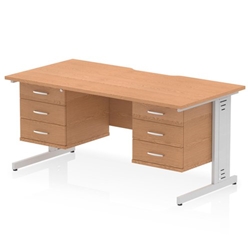 Impulse 1600 x 800mm Scalloped Edge Straight Office Desk Oak Top Silver Cable Managed Leg Workstation 2 x 3 Drawer Fixed Pedestal