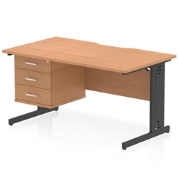 Impulse 1400 x 800mm Scalloped Edge Straight Office Desk Oak Top Black Cable Managed Leg Workstation 1 x 3 Drawer Fixed Pedestal
