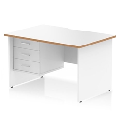 Oslo 1200 x 800mm Scalloped Edge Straight Office Desk White Top Natural Wood Edge White Panel End Leg Workstation 1 x 3 Drawer Fixed Pedestal