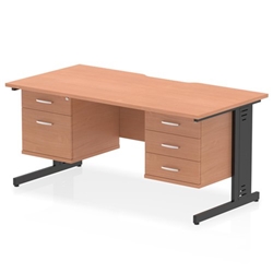 Impulse 1600 x 800mm Scalloped Edge Straight Office Desk Beech Top Black Cable Managed Leg Workstation 1 x 2 Drawer 1 x 3 Drawer Fixed Pedestal