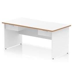 Oslo 1600 x 800mm Scalloped Edge Straight Office Desk White Top Natural Wood Edge White Panel End Leg Workstation 2 x 1 Drawer Fixed Pedestal