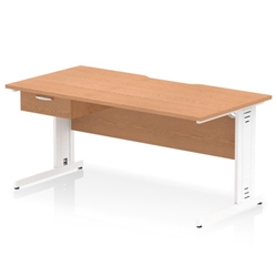 Impulse 1600 x 800mm Scalloped Edge Straight Office Desk Oak Top White Cable Managed Leg Workstation 1 x 1 Drawer Fixed Pedestal