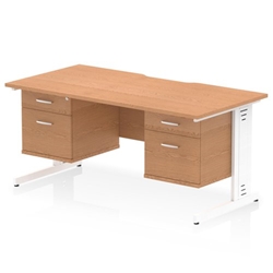 Impulse 1600 x 800mm Scalloped Edge Straight Office Desk Oak Top White Cable Managed Leg Workstation 2 x 2 Drawer Fixed Pedestal