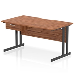 Impulse 1400 x 800mm Scalloped Edge Straight Office Desk Walnut Top Black Cantilever Leg Workstation 1 x 1 Drawer Fixed Pedestal