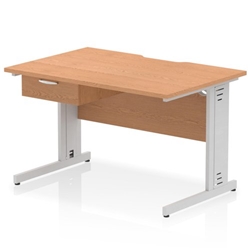 Impulse 1200 x 800mm Scalloped Edge Straight Office Desk Oak Top Silver Cable Managed Leg Workstation 1 x 1 Drawer Fixed Pedestal
