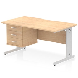 Impulse 1400 x 800mm Scalloped Edge Straight Office Desk Maple Top Silver Cable Managed Leg Workstation 1 x 3 Drawer Fixed Pedestal