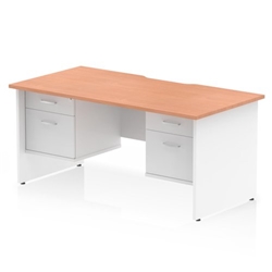Impulse 1600 x 800mm Scalloped Edge Straight Office Desk Beech Top White Panel End Leg Workstation 2 x 2 Drawer Fixed Pedestal