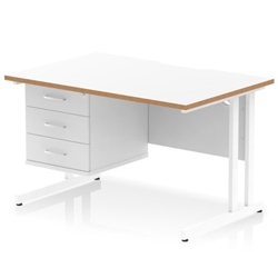 Oslo 1200 x 800mm Scalloped Edge Straight Office Desk White Top Natural Wood Edge White Cantilever Leg Workstation 1 x 3 Drawer Fixed Pedestal