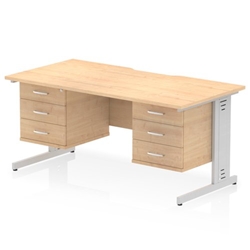 Impulse 1600 x 800mm Scalloped Edge Straight Office Desk Maple Top Silver Cable Managed Leg Workstation 2 x 3 Drawer Fixed Pedestal