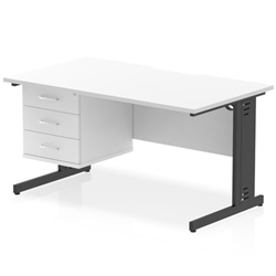 Impulse 1400 x 800mm Scalloped Edge Straight Office Desk White Top Black Cable Managed Leg Workstation 1 x 3 Drawer Fixed Pedestal