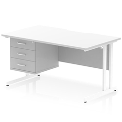 Impulse 1400 x 800mm Scalloped Edge Straight Office Desk White Top White Cantilever Leg Workstation 1 x 3 Drawer Fixed Pedestal