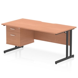 Impulse 1600 x 800mm Scalloped Edge Straight Office Desk Beech Top Black Cantilever Leg Workstation 1 x 2 Drawer Fixed Pedestal