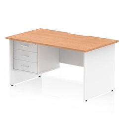 Impulse 1400 x 800mm Scalloped Edge Straight Office Desk Oak Top White Panel End Leg Workstation 1 x 3 Drawer Fixed Pedestal