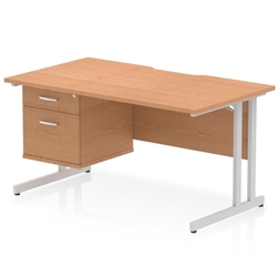 Impulse 1400 x 800mm Scalloped Edge Straight Office Desk Oak Top Silver Cantilever Leg Workstation 1 x 2 Drawer Fixed Pedestal