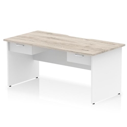 Impulse 1600 x 800mm Scalloped Edge Straight Office Desk Grey Oak Top White Panel End Leg Workstation 2 x 1 Drawer Fixed Pedestal