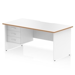 Oslo 1600 x 800mm Scalloped Edge Straight Office Desk White Top Natural Wood Edge White Panel End Leg Workstation 1 x 3 Drawer Fixed Pedestal