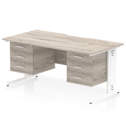 Impulse 1600 x 800mm Scalloped Edge Straight Office Desk Grey Oak Top White Cable Managed Leg Workstation 2 x 3 Drawer Fixed Pedestal