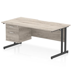 Impulse 1600 x 800mm Scalloped Edge Straight Office Desk Grey Oak Top Black Cantilever Leg Workstation 1 x 2 Drawer Fixed Pedestal